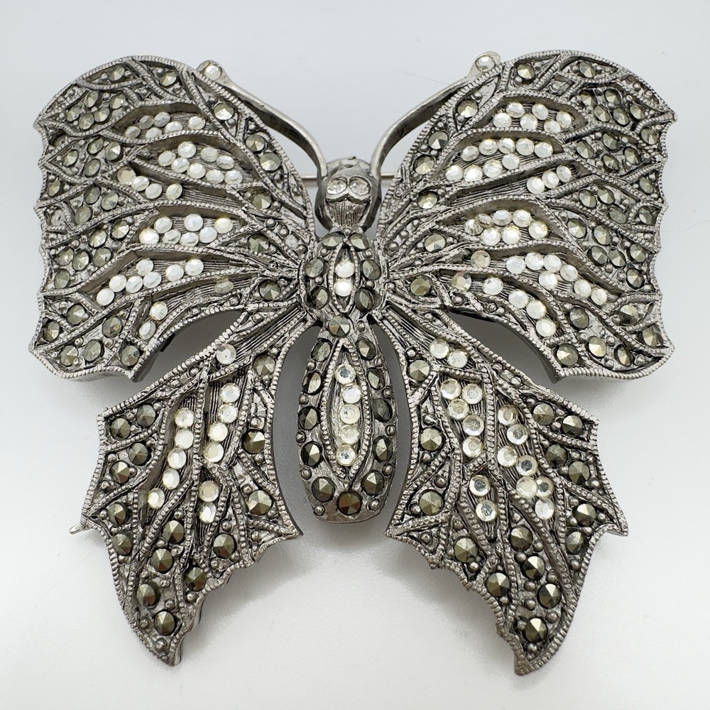 Vintage Roxanne Assoulin Butterfly Brooch Pin Marcasite Pewter Tone Signed 2.75"